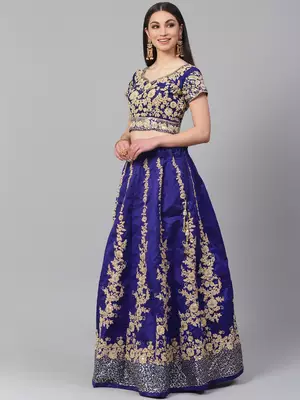 Navy blue embroidered art silk semi stitched lehenga 2