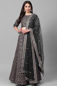 Black embroidered art silk semi stitched lehenga