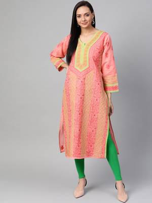 Ada Hand Embroidered Peach Cotton Lucknow Chikan Kurta 1