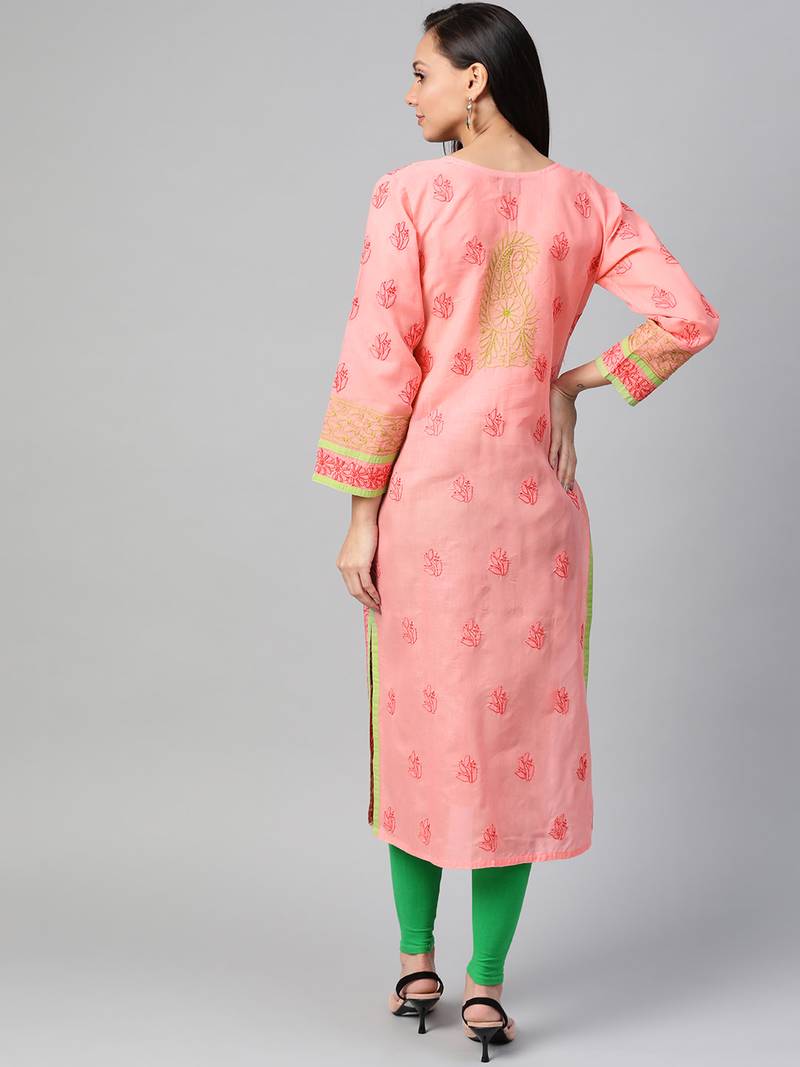 Ada Hand Embroidered Peach Cotton Lucknow Chikan Kurta