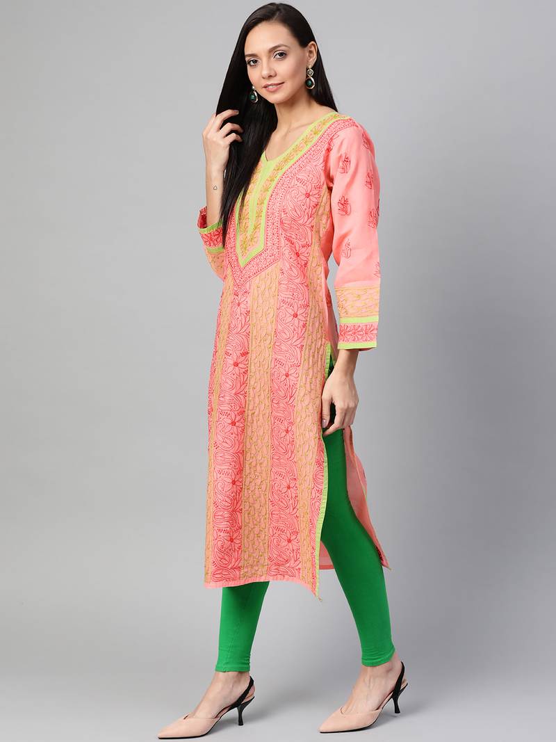 Ada Hand Embroidered Peach Cotton Lucknow Chikan Kurta