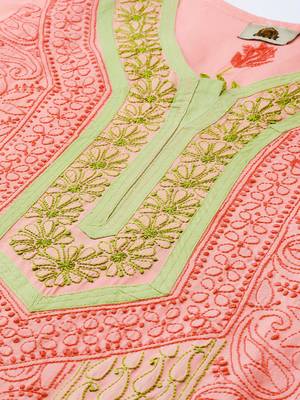 Ada Hand Embroidered Peach Cotton Lucknow Chikan Kurta 4