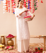 Hand Embroidered White Georgette Lucknowi Chikankari Indian Women Kurta With Slip