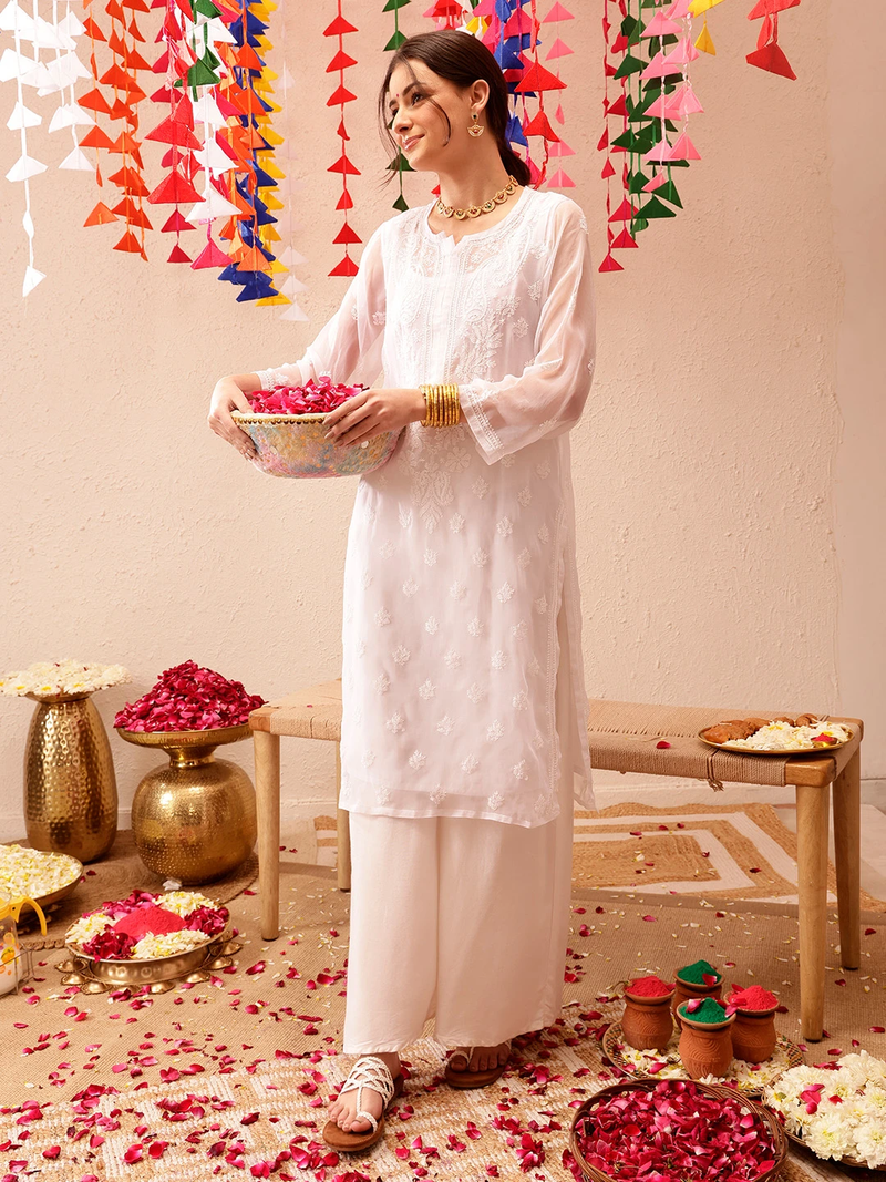 Hand Embroidered White Georgette Lucknowi Chikankari Indian Women Kurta With Slip