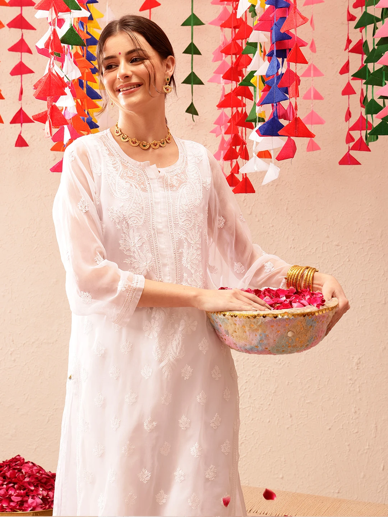 Hand Embroidered White Georgette Lucknowi Chikankari Indian Women Kurta With Slip