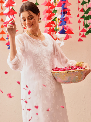 Hand Embroidered White Georgette Lucknowi Chikankari Indian Women Kurta With Slip 4