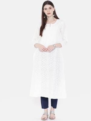 Ada Hand Embroidered White Cotton Lucknowi Chikankari Women Kurti - A237451 1