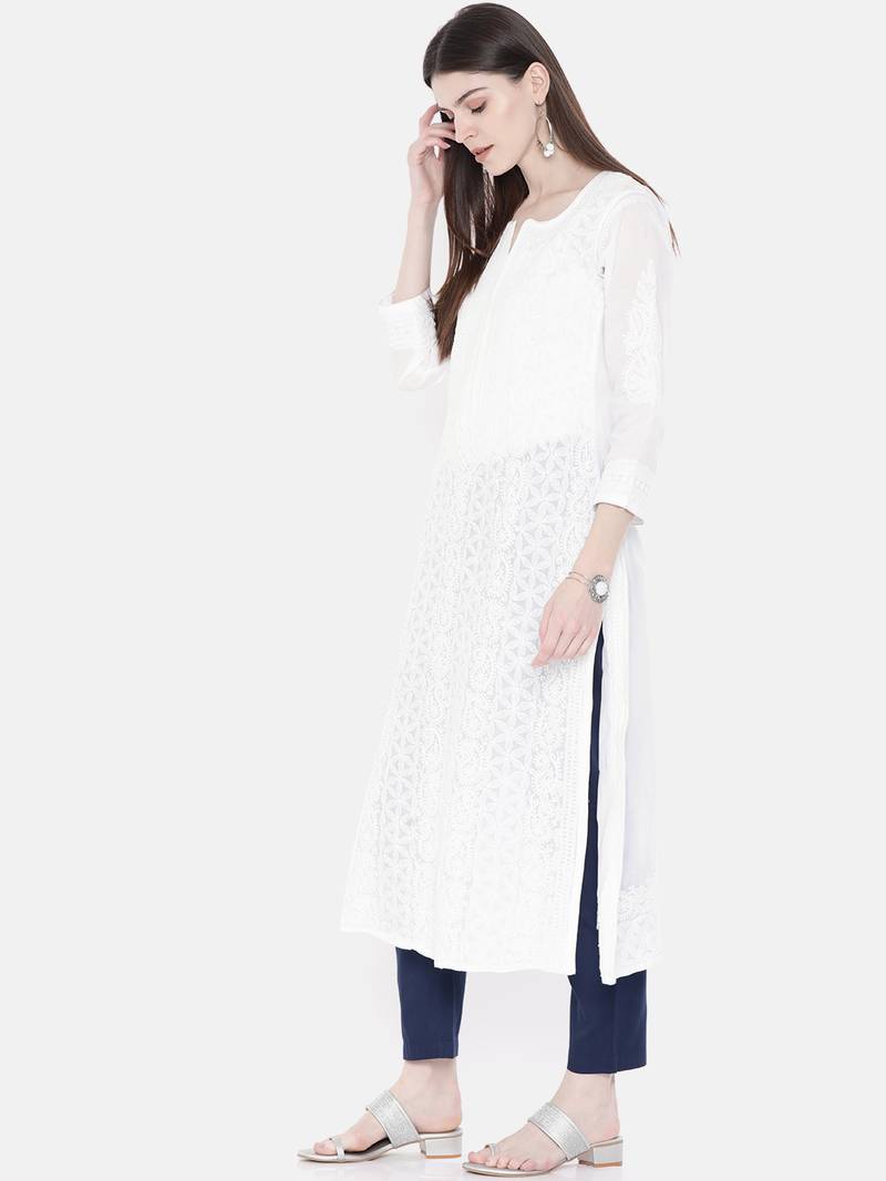 Ada Hand Embroidered White Cotton Lucknowi Chikankari Women Kurti - A237451