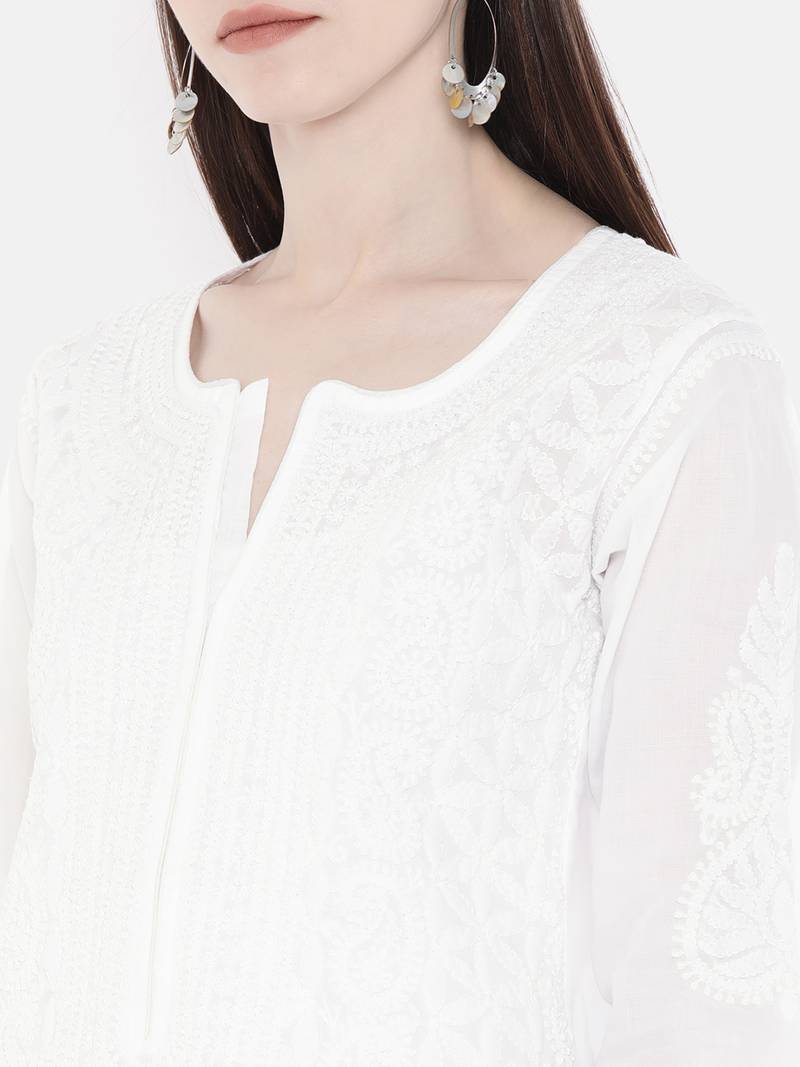 Ada Hand Embroidered White Cotton Lucknowi Chikankari Women Kurti - A237451