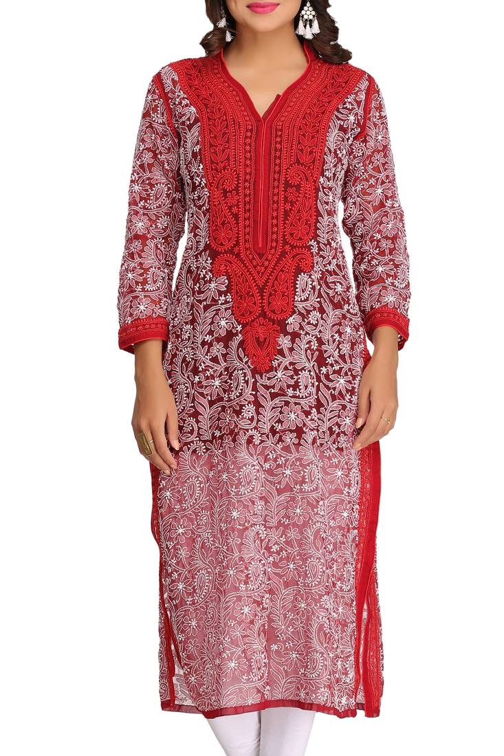 Ada Hand Embroidered Blood Red Georgette Lucknowi Chikankari Indian Women Kurta - A253054