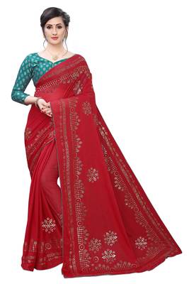 Red printed silk blend saree with blouse 1