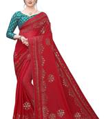 Red printed silk blend saree with blouse