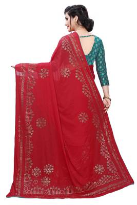 Red printed silk blend saree with blouse 2