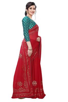 Red printed silk blend saree with blouse 3
