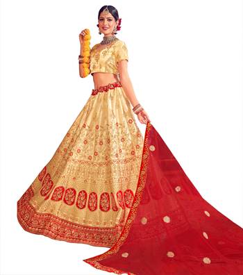 Beige embroidered satin semi stitched lehenga 1