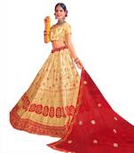 Beige embroidered satin semi stitched lehenga