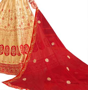 Beige embroidered satin semi stitched lehenga 3
