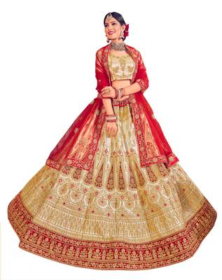 Beige embroidered satin semi stitched lehenga 1