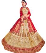 Beige embroidered satin semi stitched lehenga