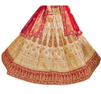 Beige embroidered satin semi stitched lehenga 3