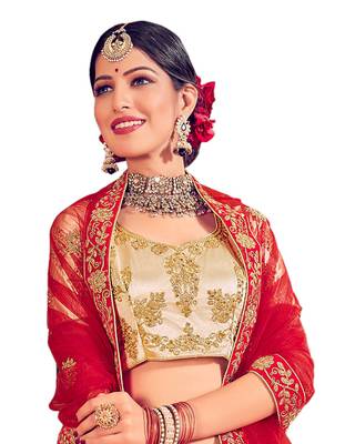 Beige embroidered satin semi stitched lehenga 4