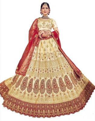 Beige embroidered satin semi stitched lehenga 1