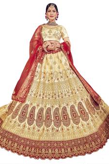 Beige embroidered satin semi stitched lehenga