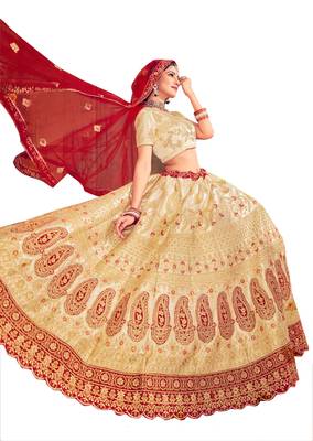 Beige embroidered satin semi stitched lehenga 2
