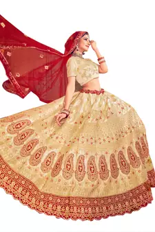 Beige embroidered satin semi stitched lehenga