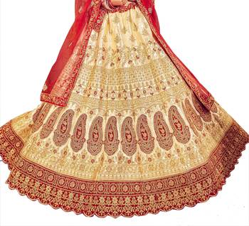 Beige embroidered satin semi stitched lehenga 3