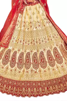 Beige embroidered satin semi stitched lehenga