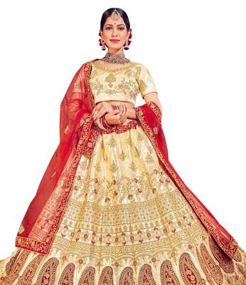 Beige embroidered satin semi stitched lehenga 4