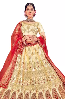Beige embroidered satin semi stitched lehenga