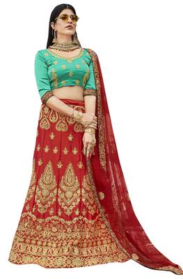 Red embroidered satin semi stitched lehenga 1