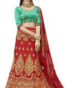 Red embroidered satin semi stitched lehenga