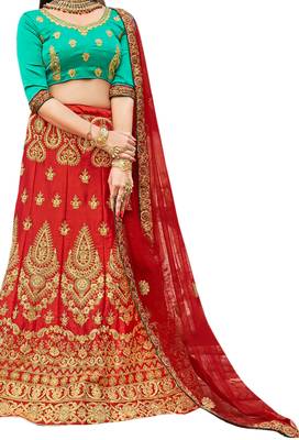Red embroidered satin semi stitched lehenga 2