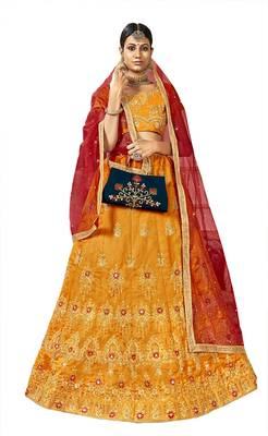 Yellow embroidered silk semi stitched lehenga 1