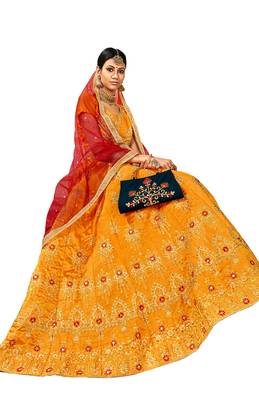 Yellow embroidered silk semi stitched lehenga 2