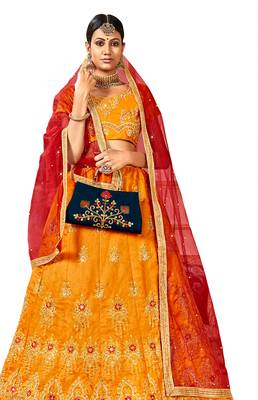 Yellow embroidered silk semi stitched lehenga 3