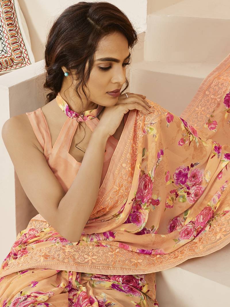 Peach printed pure saree with blouse Shangrila Designer