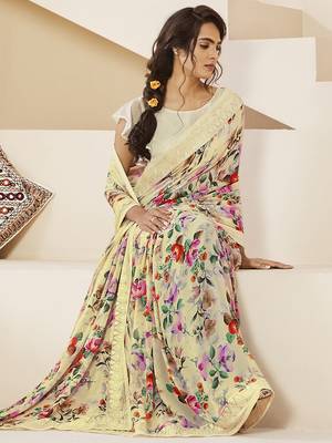 Beige printed pure georgette saree with blouse 1