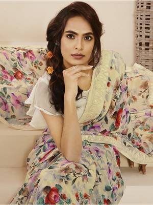 Beige printed pure georgette saree with blouse 3