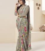Grey printed pure georgette saree with blouse