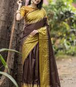 Brown plain raw silk saree with blouse