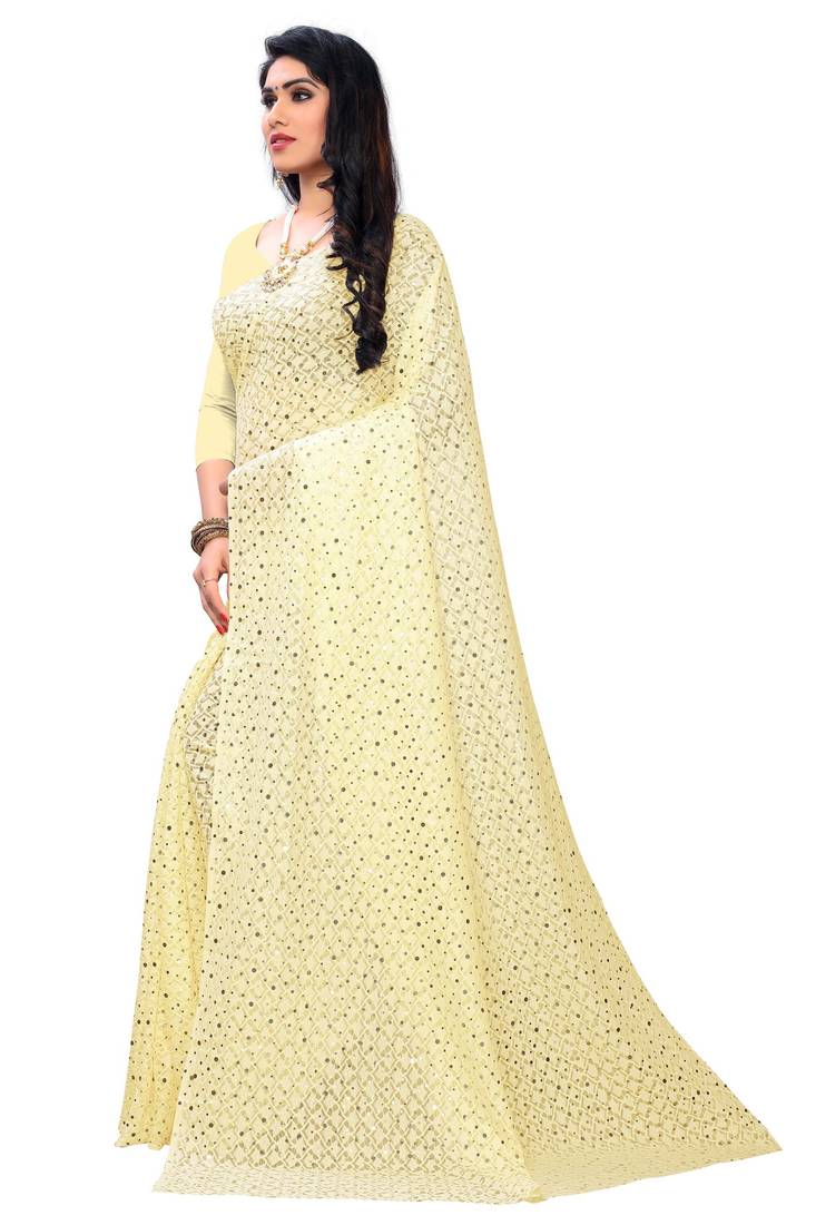 Cream Rich Netting Cloth With Self Design And Tikli Satari Work ...