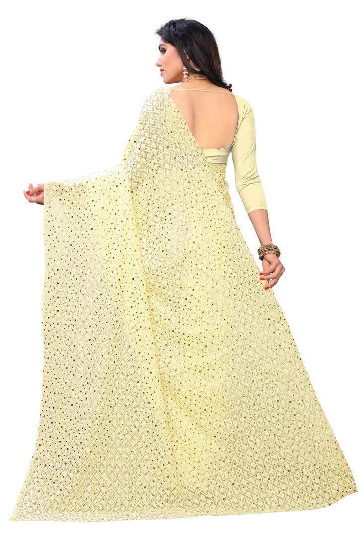 Cream Rich Netting Cloth With Self Design And Tikli Satari Work ...