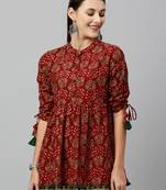 Women's Maroon Cotton Floral Print Regular Wear Top