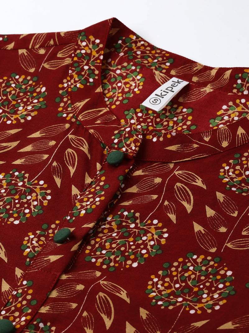 Women's Maroon Cotton Floral Print Regular Wear Top