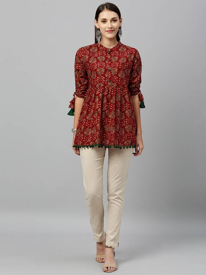 Women's Maroon Cotton Floral Print Regular Wear Top