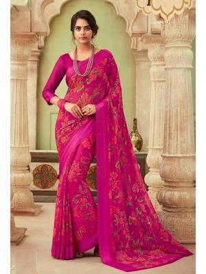 Pink printed chiffon saree with blouse 1